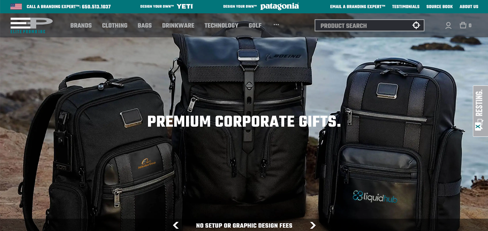The banner of ELITE PROMO INC's website showcasing premium corporate gift backpacks from TUMI and Boeing. EPI is one of the Top 10 promotional products companies.